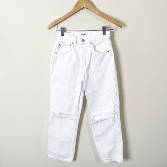 RE/DONE White Distressed 90's High Rise Loose Jeans in White With Rips Size 24 - Picture 2 of 10